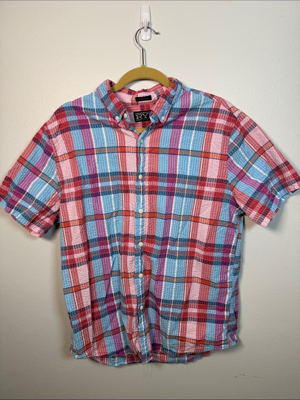 Hawker Rye Short-Sleeve Plaid Button-Down Shirt in Pink & Blue Large